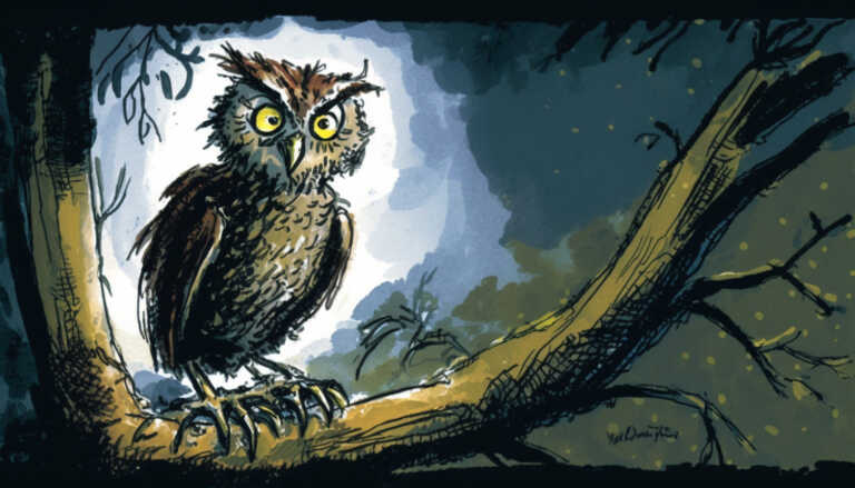Illustration of an owl perching on a tree in the moonlight