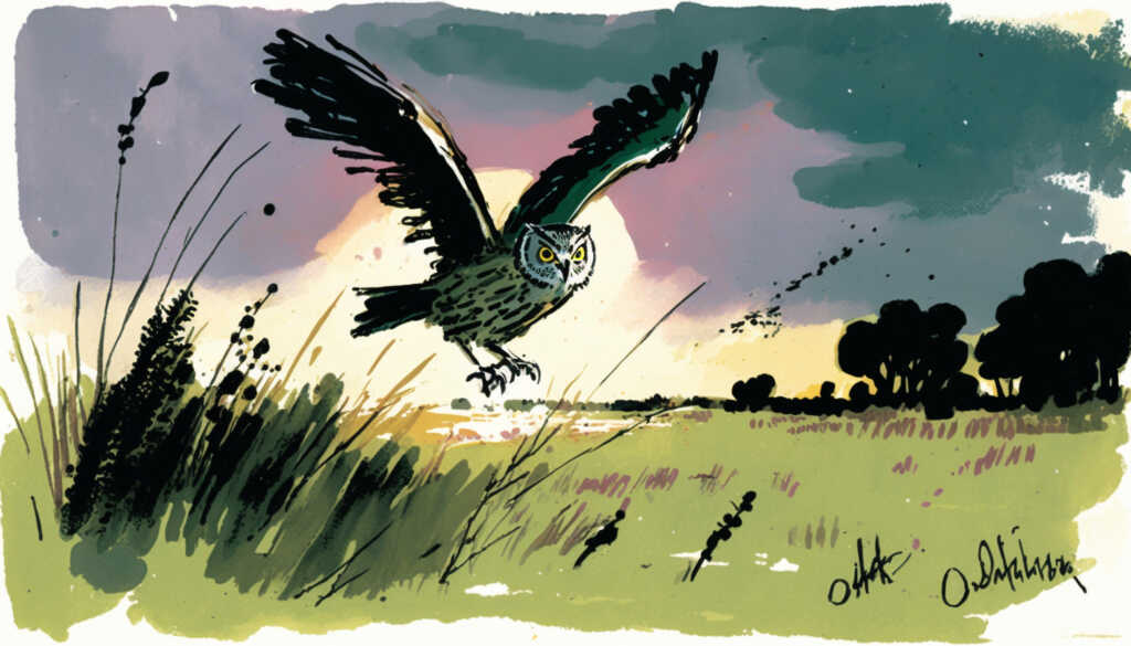 An illustration of an owl swooping across a meadow