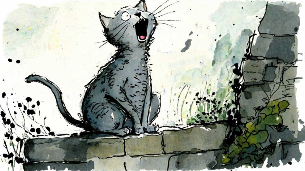 Illustration of a cat yawning on a garden wall