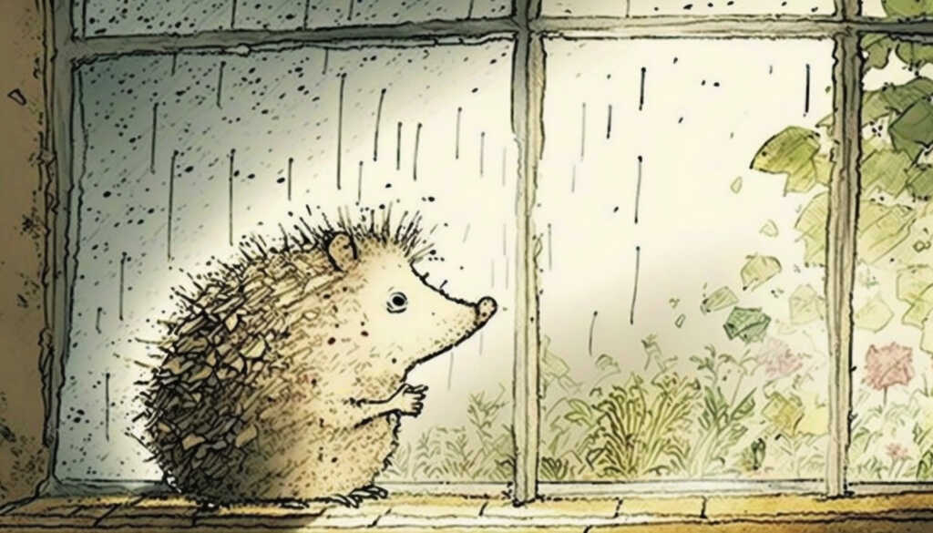 Illustration of a hedgehog peering out of a greenhouse window