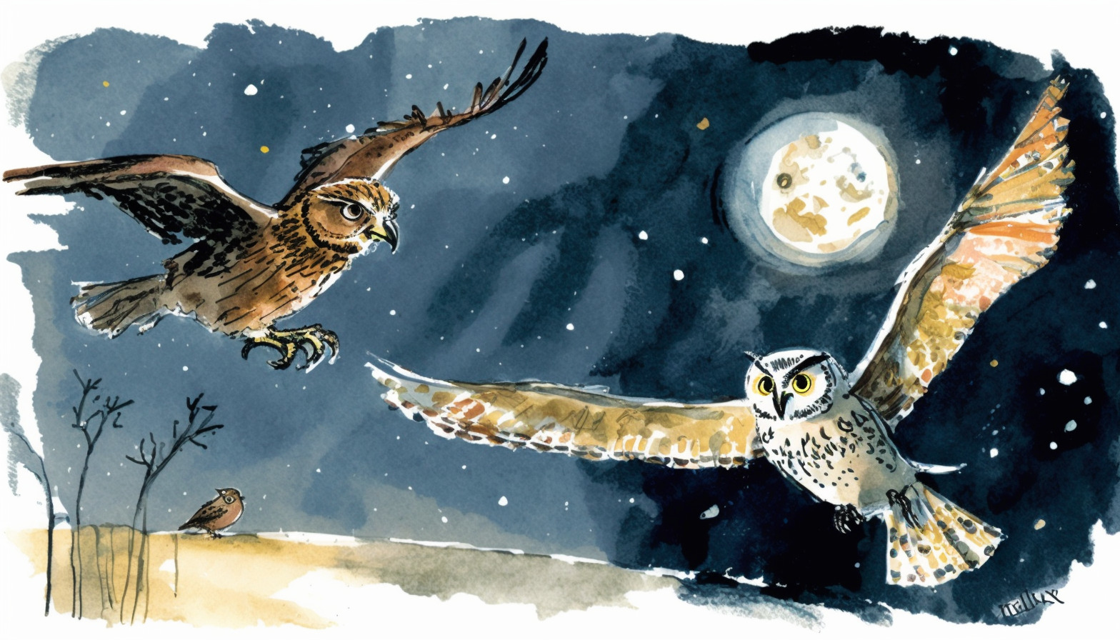Illustration of a kestrel and owl flying at night