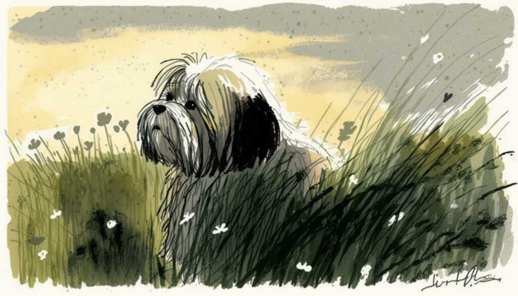 Illustration of a Lhasa apso in long grass