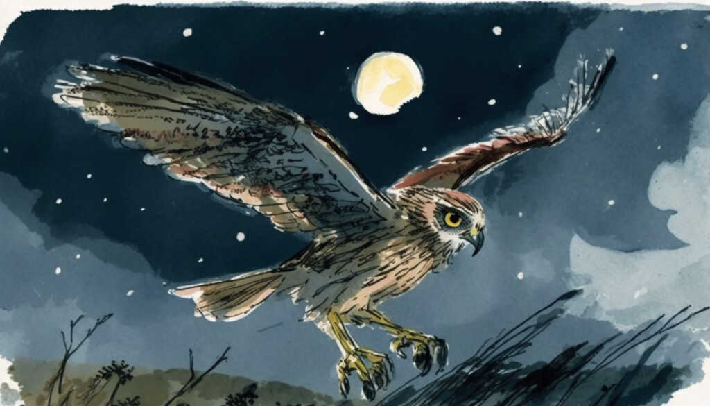 Illustration of a kestrel hovering at night above a meadow.