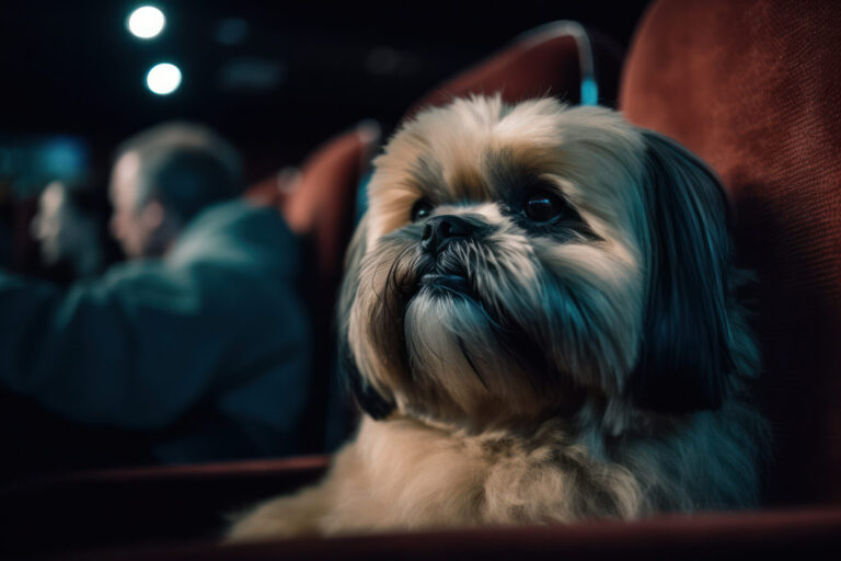 Lhasa apso dog watching a movie at the cinema