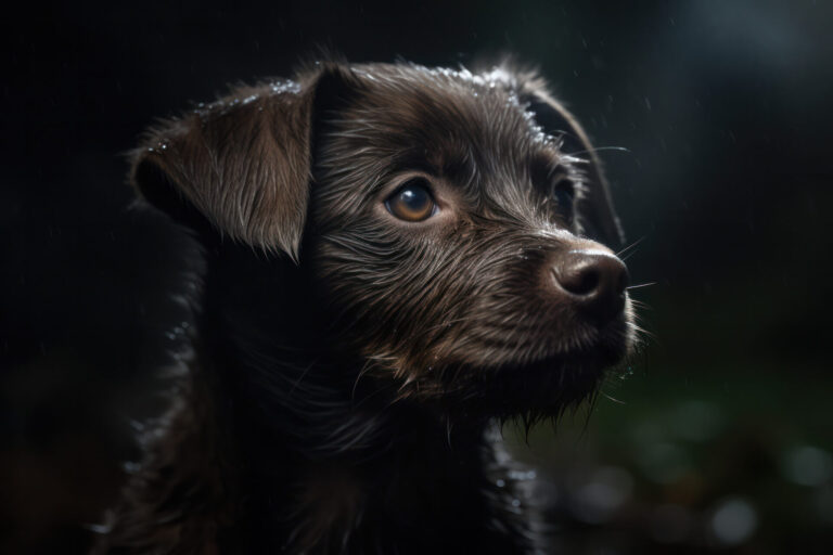 Patterdale Terrier puppy looking out into the distance on a dark stormy night