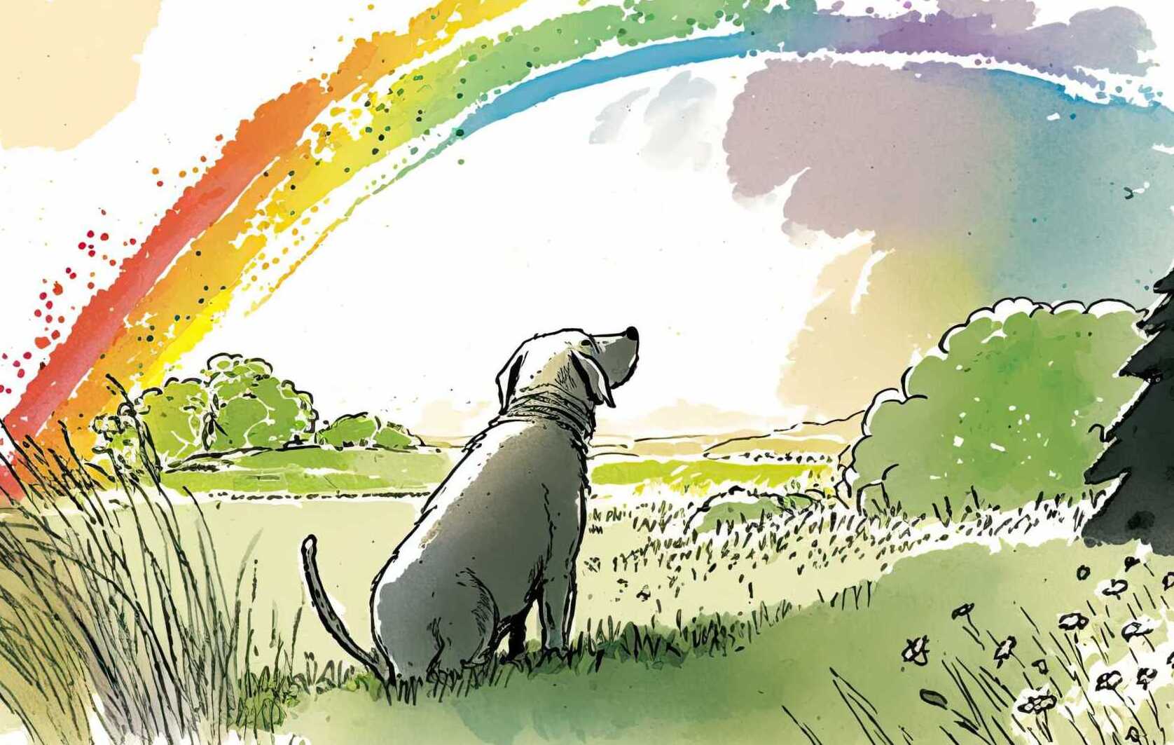 An illustration by LhasaLife of a dog staring into a rainbow over a meadow