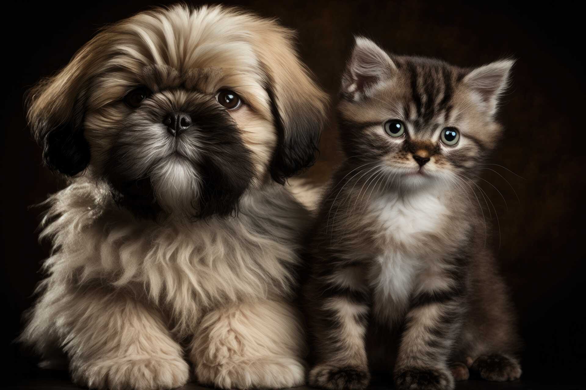 Tabby cat and Lhasa apso puppy photograph