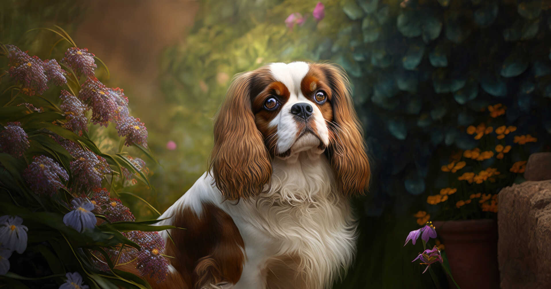 King Charles Cavalier Spaniel dog sitting in front of flowers
