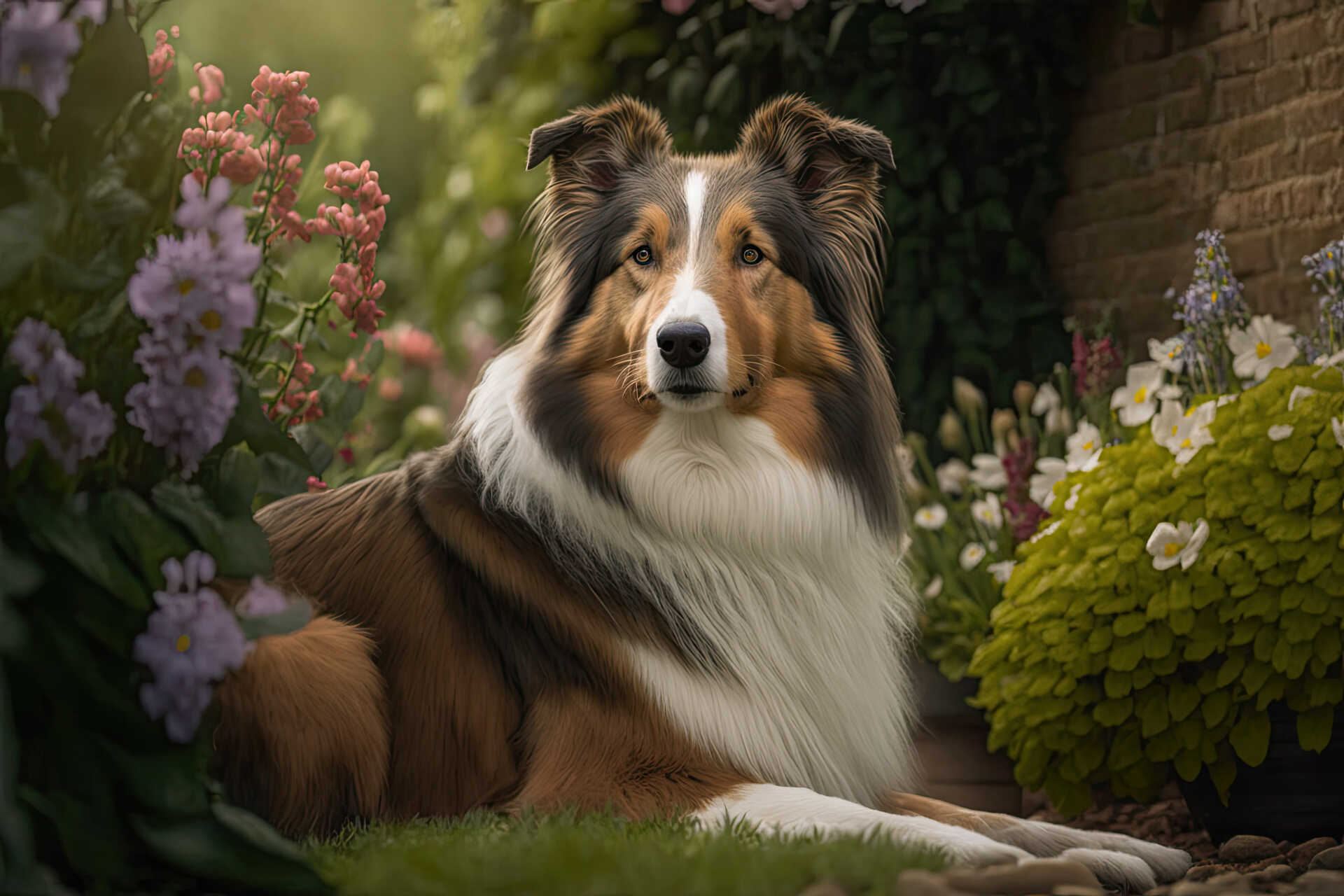 Collie dog in a garden