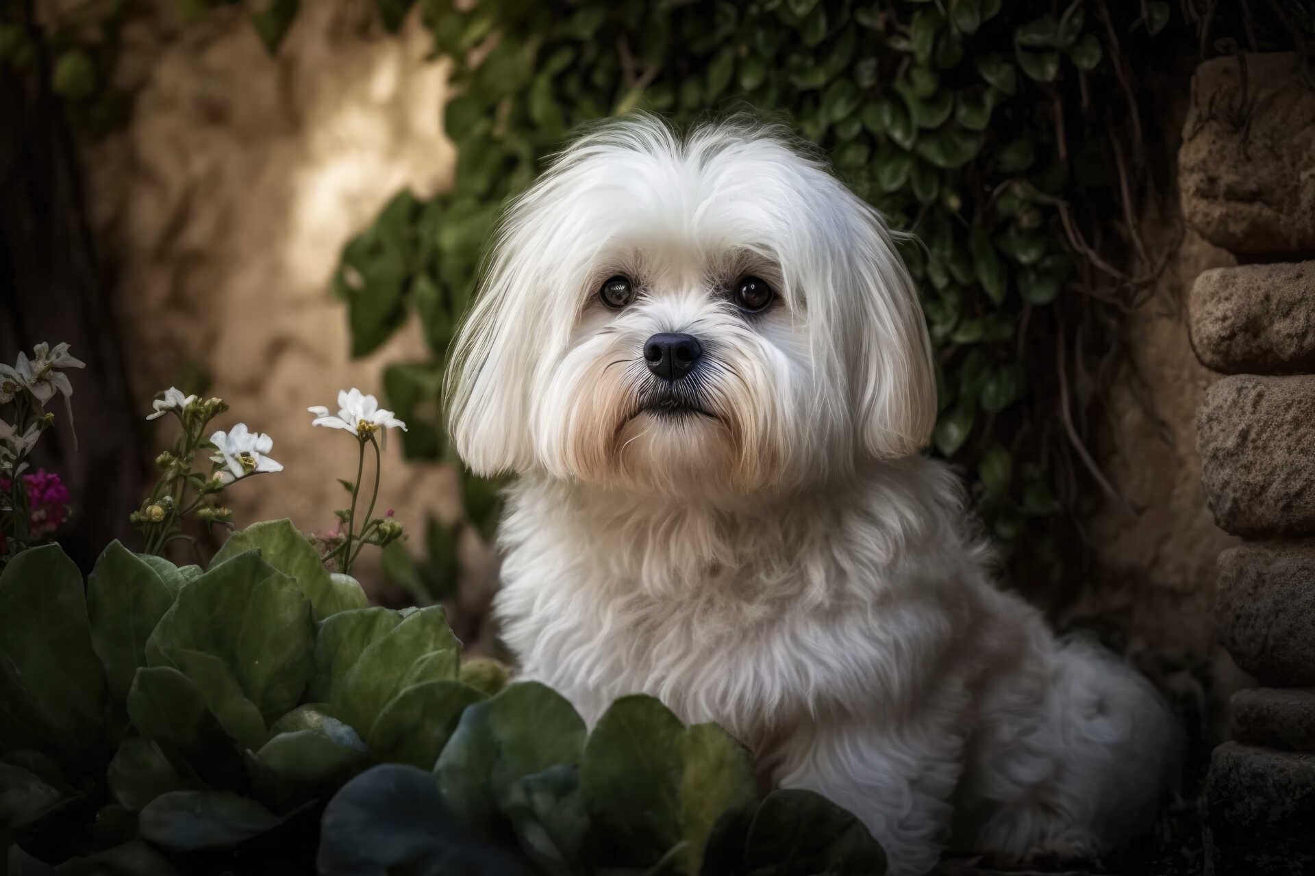 Maltese dog in a garden