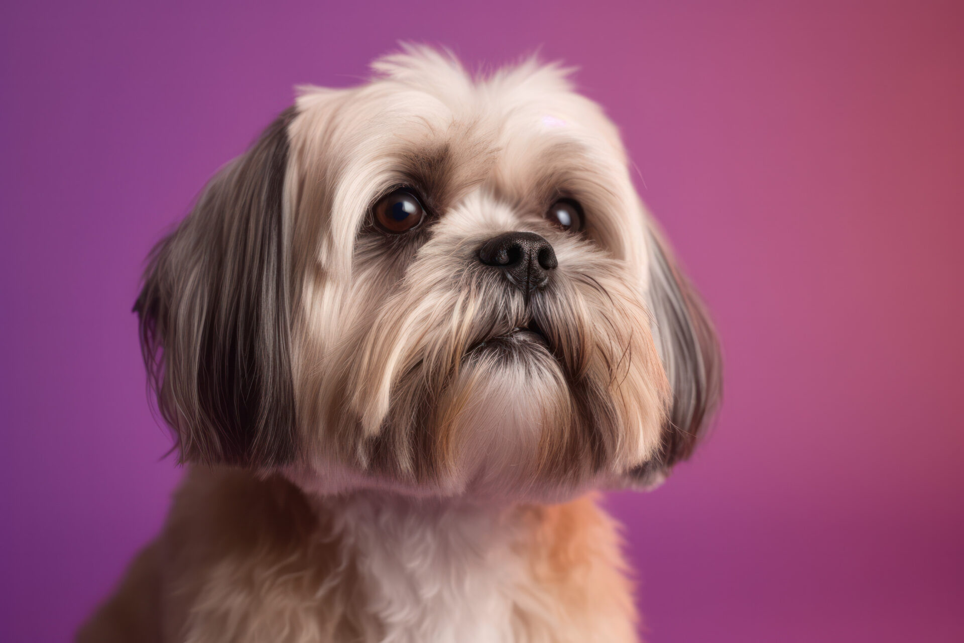 Lhasa apso with a purple backdrop