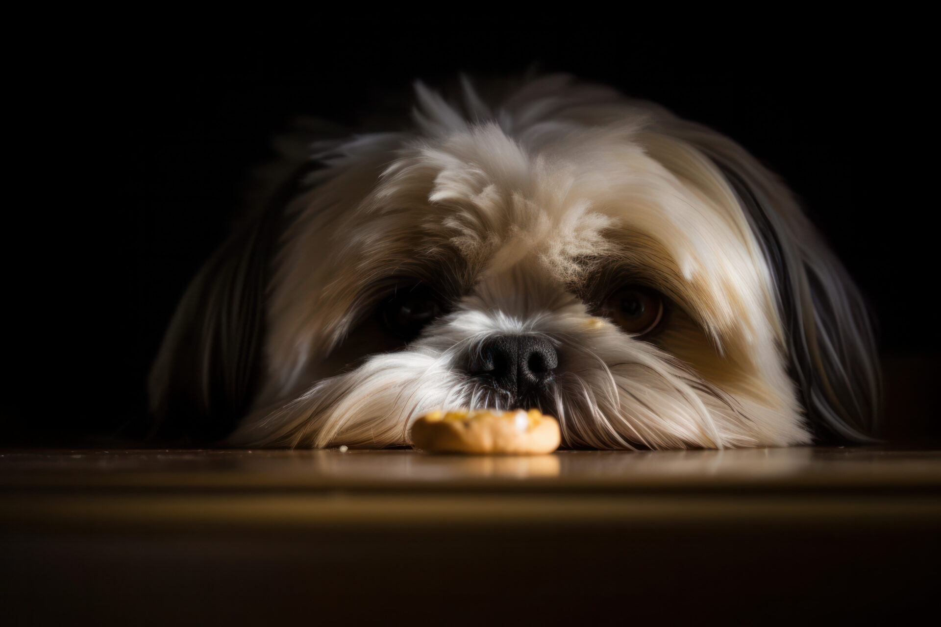 Lhasa apso dog looking at some treats or biscuits