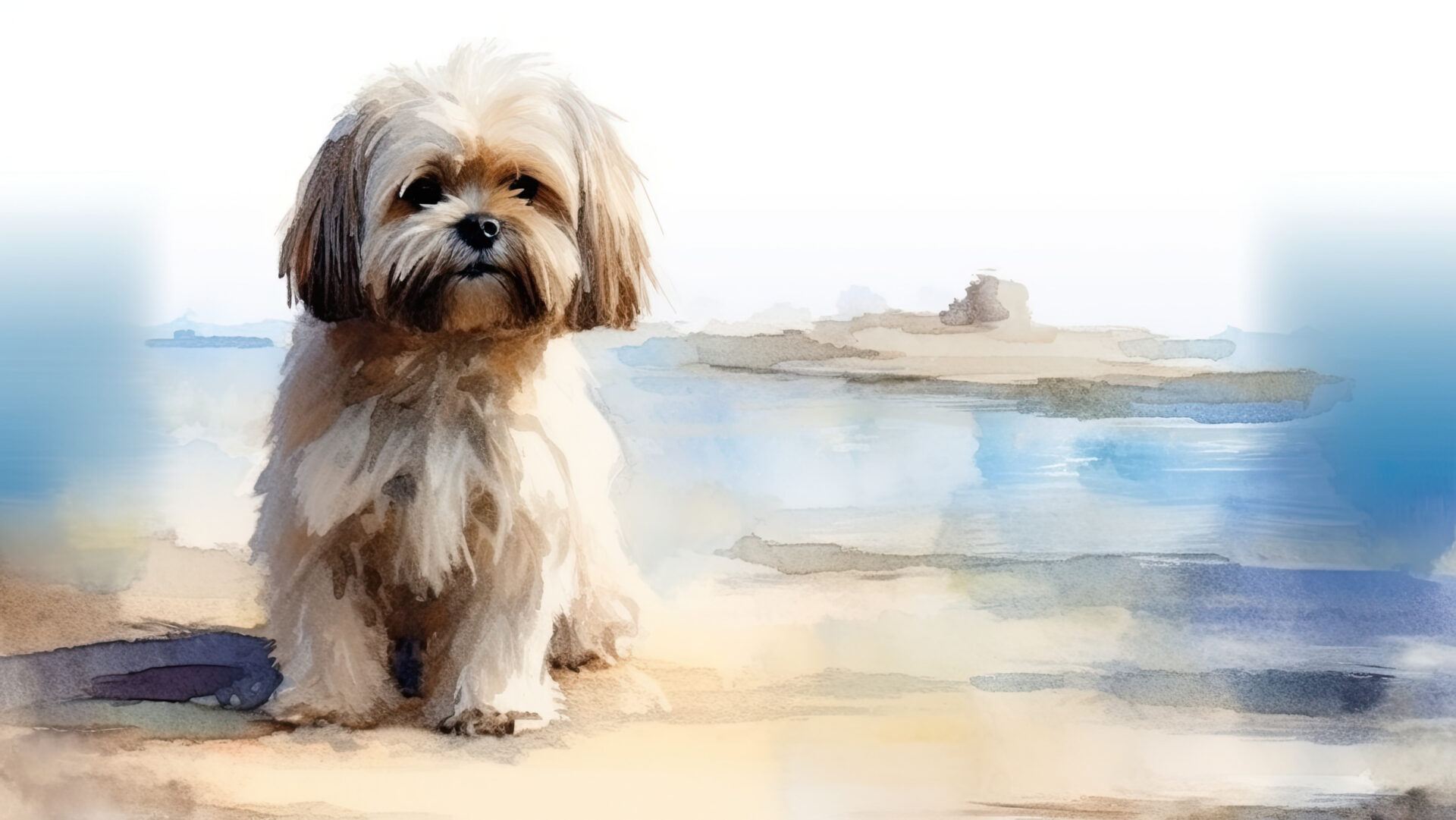 Poppy the Lhasa as a watercolour painting on the beach