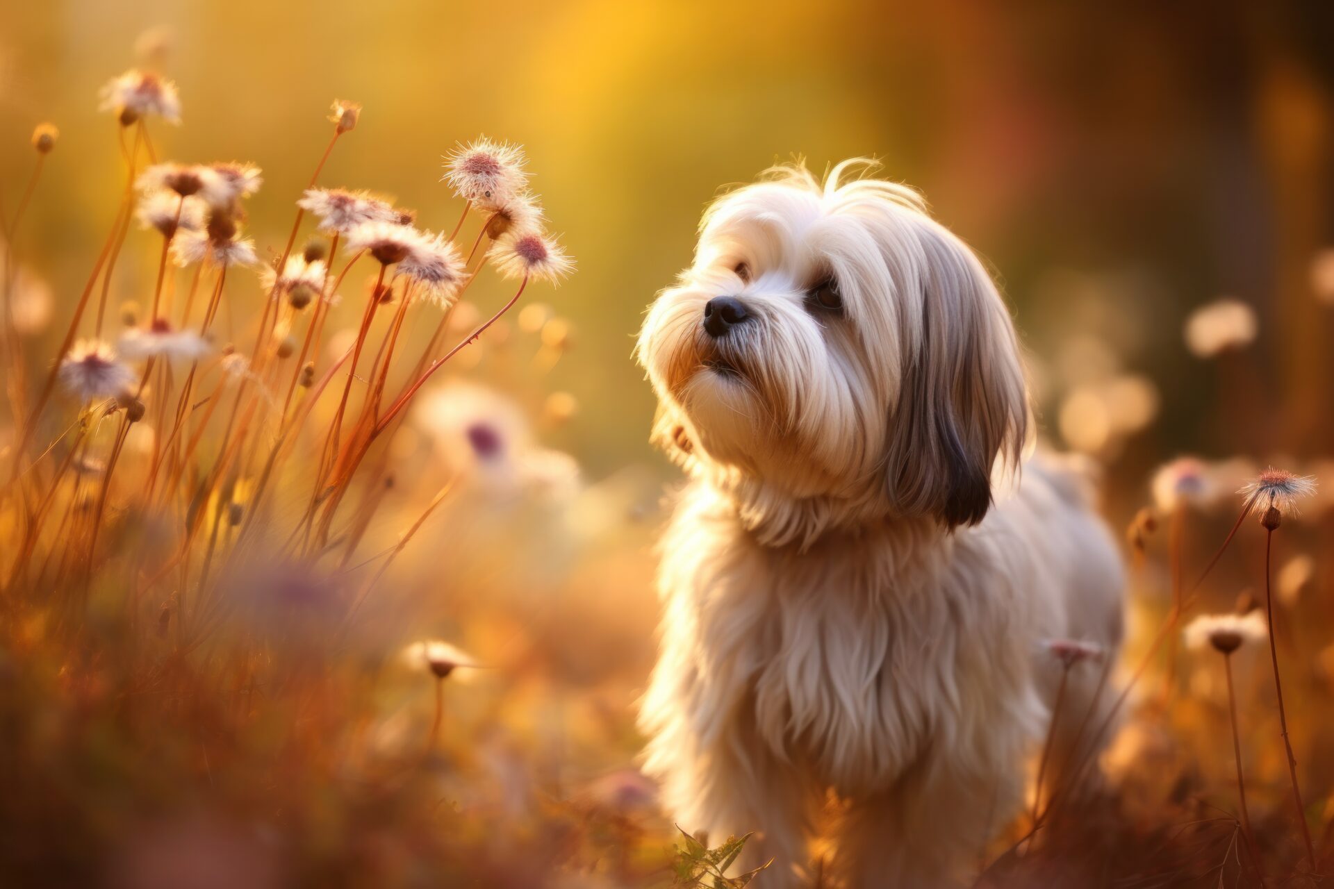 Lhasa apso in a field of flowers sniffing them