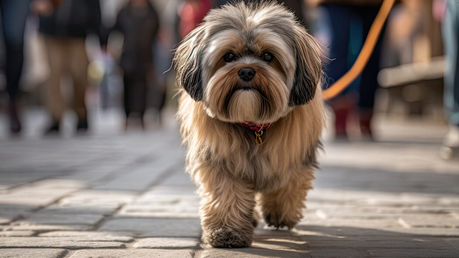 Lhasa apso on a lead being walked along the street