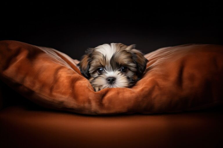Shih Tzu dog is laying on an orange bed looking sad and tired