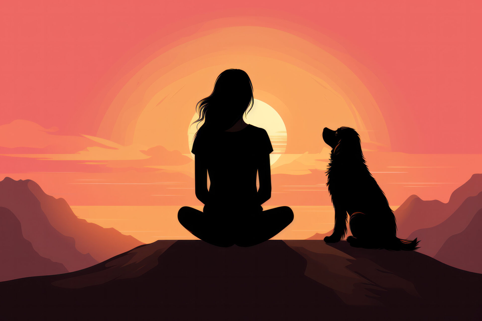 Woman and dog sitting in front of a sunset looking reflective