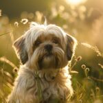 Lhasa apso sitting in a beautiful meadow