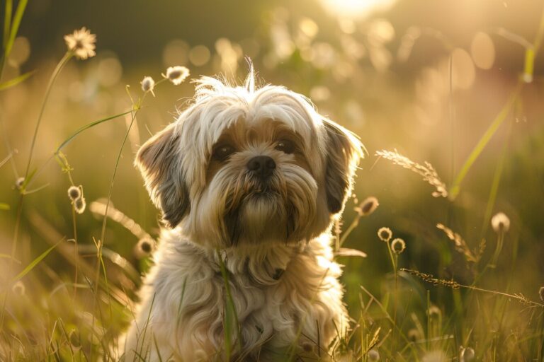 Lhasa apso sitting in a beautiful meadow