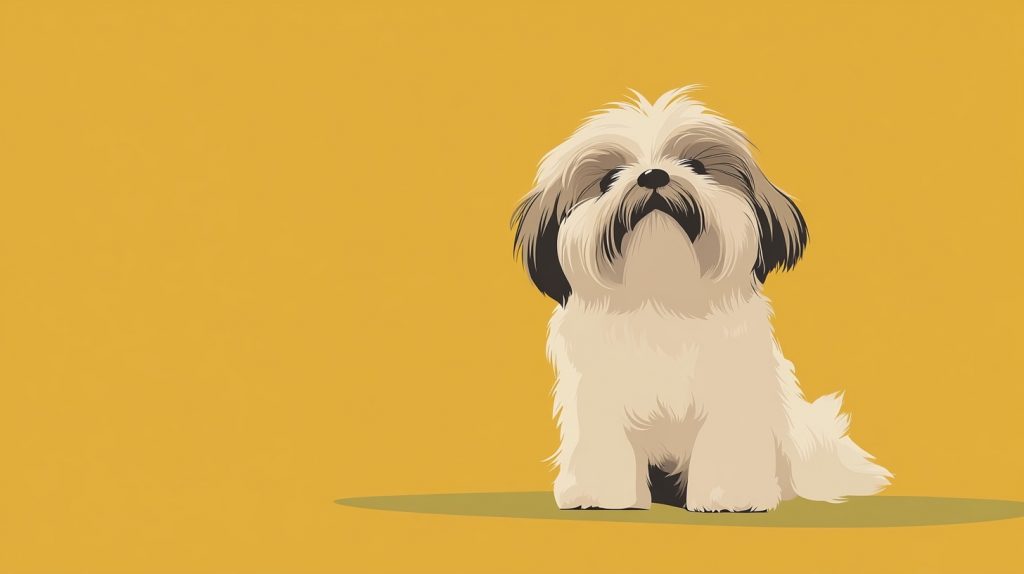 Flat vector illustration of a Lhasa Apso barking alertly on a warm golden yellow background