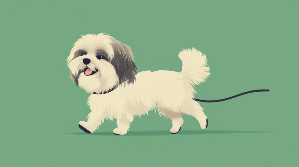 Flat vector illustration of a happy Lhasa Apso trotting along a path on a sage green background