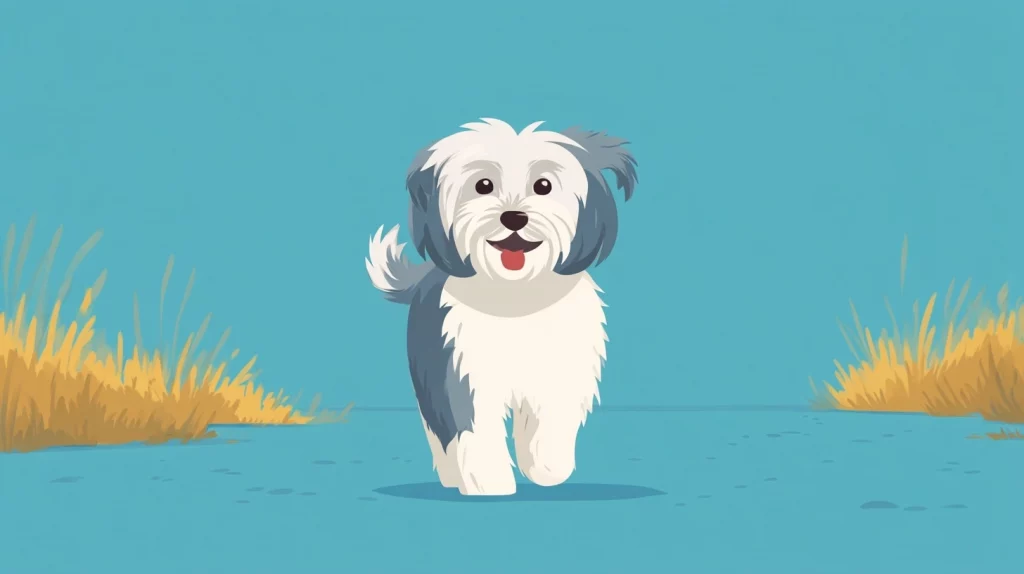 Flat vector illustration of a Lhasa Apso walking happily outdoors, Lhasa Apso joint care article