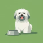 Flat vector illustration of a white Lhasa Apso dog sitting next to a bowl of food