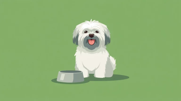 Flat vector illustration of a white Lhasa Apso dog sitting next to a bowl of food
