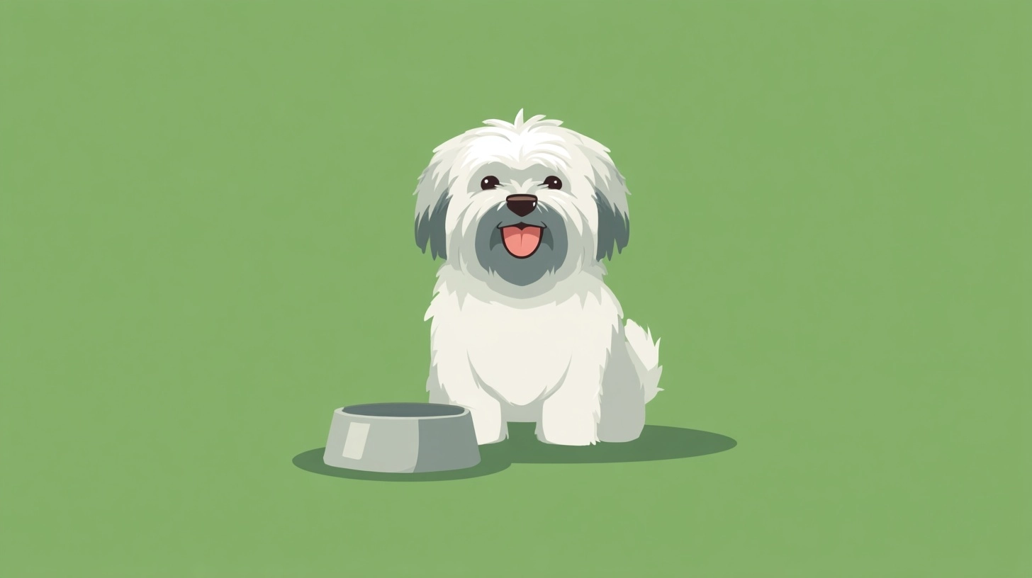 Flat vector illustration of a white Lhasa Apso dog sitting next to a bowl of food