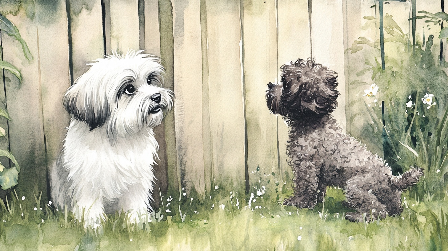 Flat vector illustration of a Lhasa Apso peering suspiciously over a garden fence at a puppy – LhasaLife Flat vector illustration of a Lhasa Apso peering suspiciously over a garden fence at a puppy