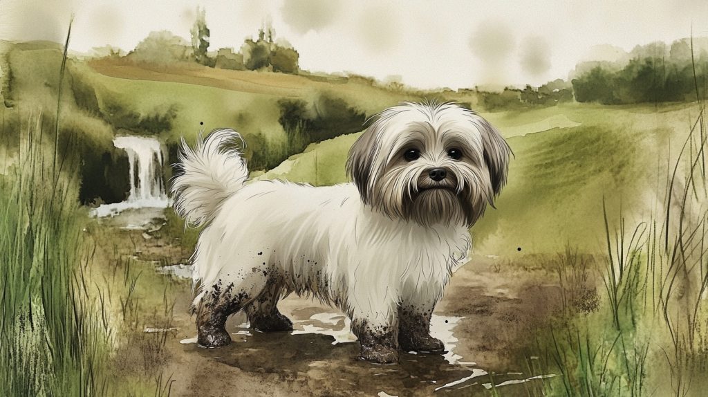Flat vector illustration of a Lhasa Apso tangled in a lead during a chaotic walk