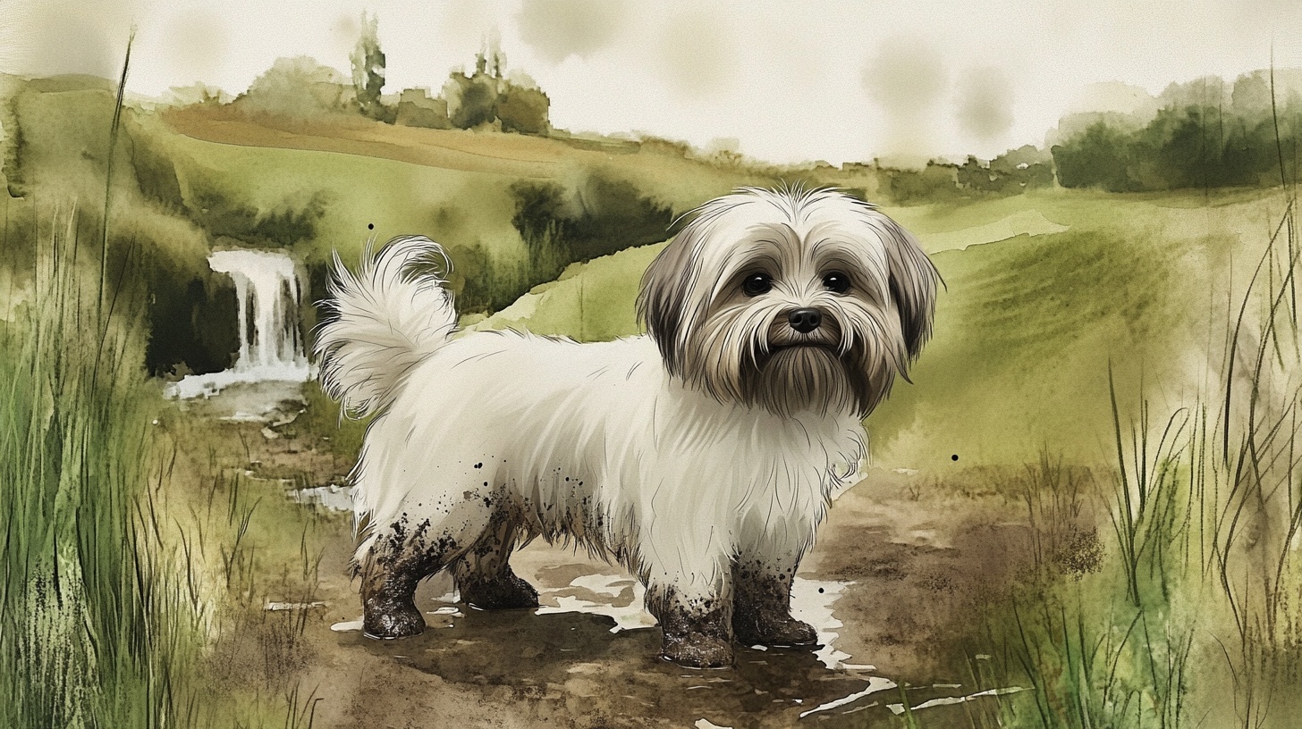 Flat vector illustration of a Lhasa Apso tangled in a lead during a chaotic walk