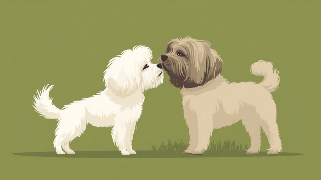 Flat vector illustration of a Lhasa Apso meeting a larger dog nose to nose