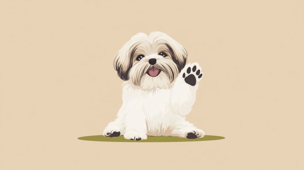 Flat vector illustration of a cute Lhasa Apso sitting with one paw raised