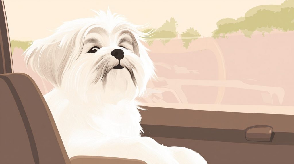 Flat vector illustration of a happy Lhasa Apso looking out of a car window