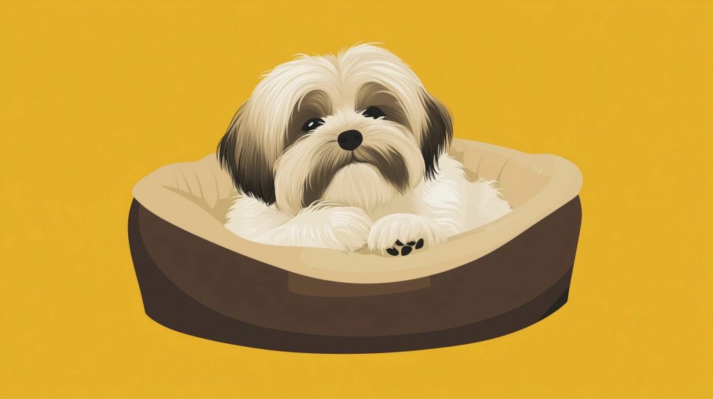 Flat vector illustration of a Lhasa Apso curled up in a cosy dog bed
